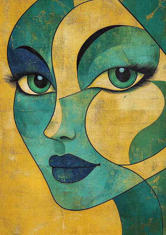Modern abstract images of a single face close-up with curves and green eyes | Metal Poster