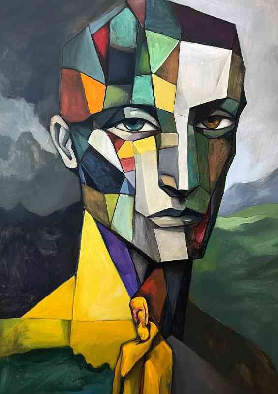 Surreal painting of a cubist head with large geometrics | Metal Poster