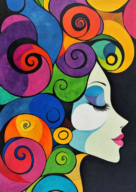 Woman in the wind swirls and spirals colorful hair | Canvas