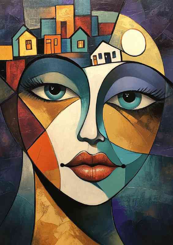 abstract cubist painting of face with houses in her head | Canvas