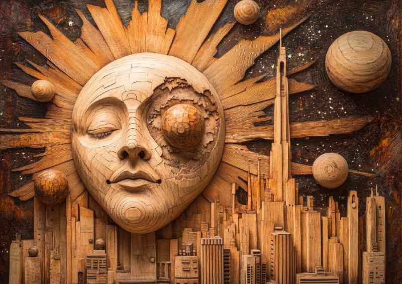 Abstract Sun and Cityscape a wood carved style | Di-Bond