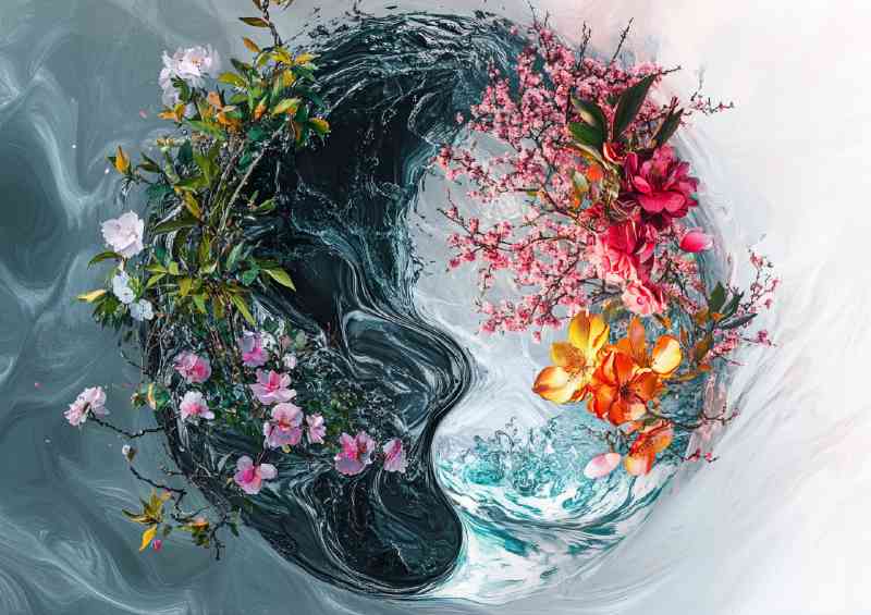 Digital art piece of the yin yang symbol half flowers | Canvas