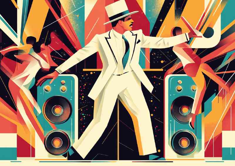 Man in a white suit and top hat dancing with speakers singing | Poster