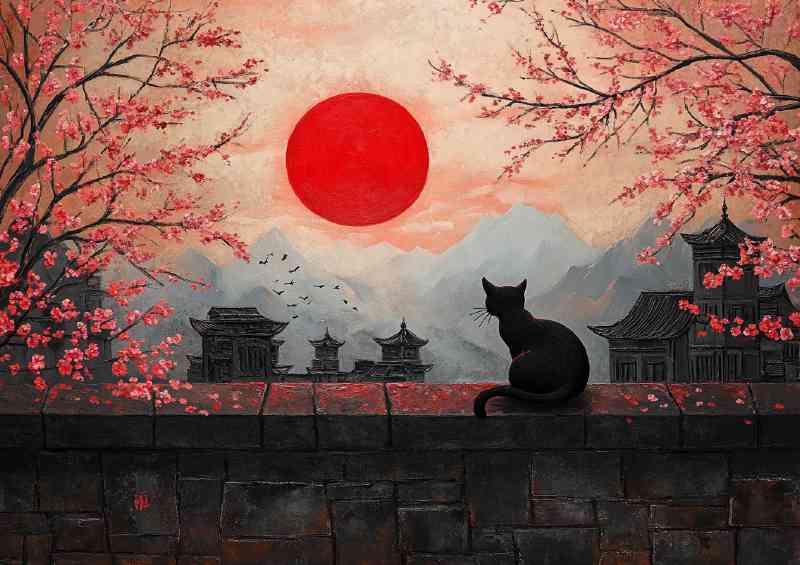 Painting of the red sun a black cat sitting | Canvas