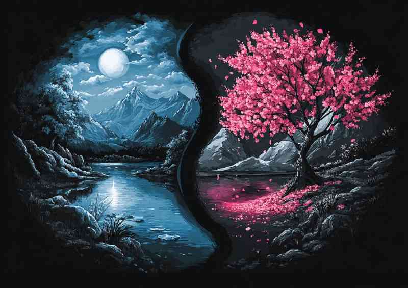 Two halves of yin and yang with trees and flowers | Poster