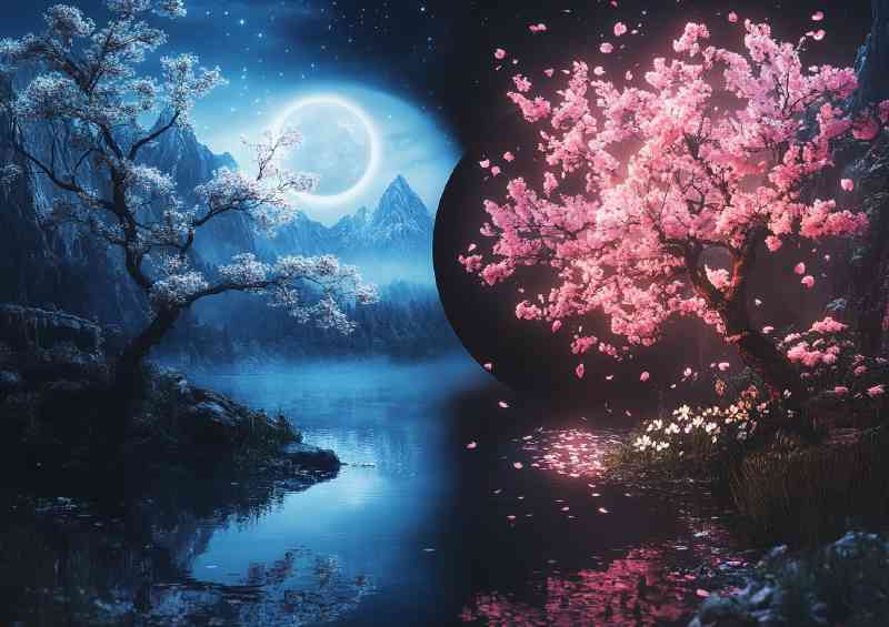 Two halves of yin and yang with trees and flowers blue moon | Poster