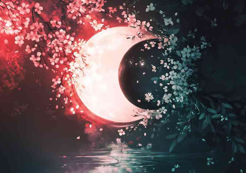 Yin yang symbol made of cherry blossoms and the moon | Di-Bond