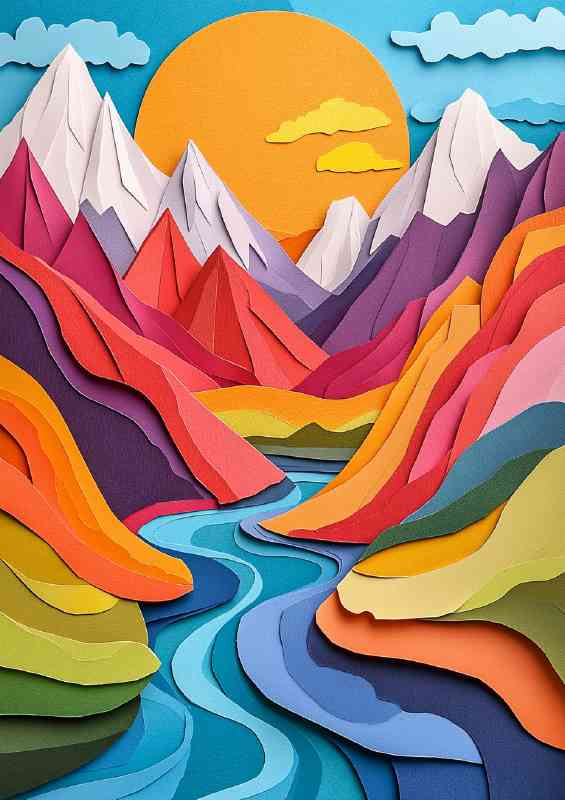 Abstract illustration of mountains and a river with yellow sun | Poster