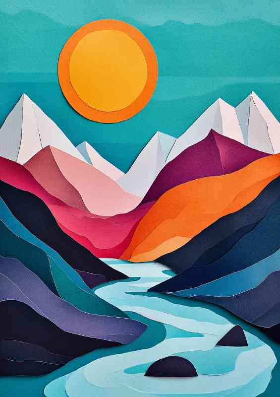 Abstract illustration of mountains and a river with sun paper art style | Metal Poster