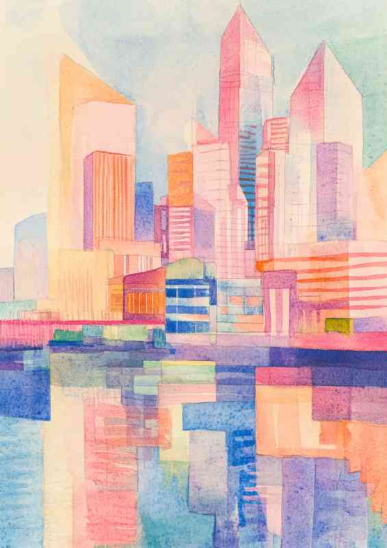 Colorful watercolor collage of buildings and river | Poster