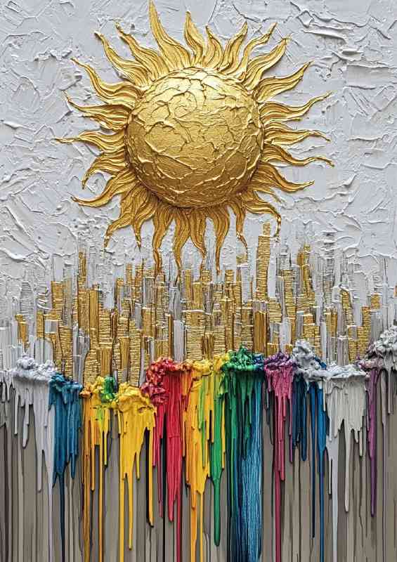 Embossed acrylic painting golden sun with colours | Poster