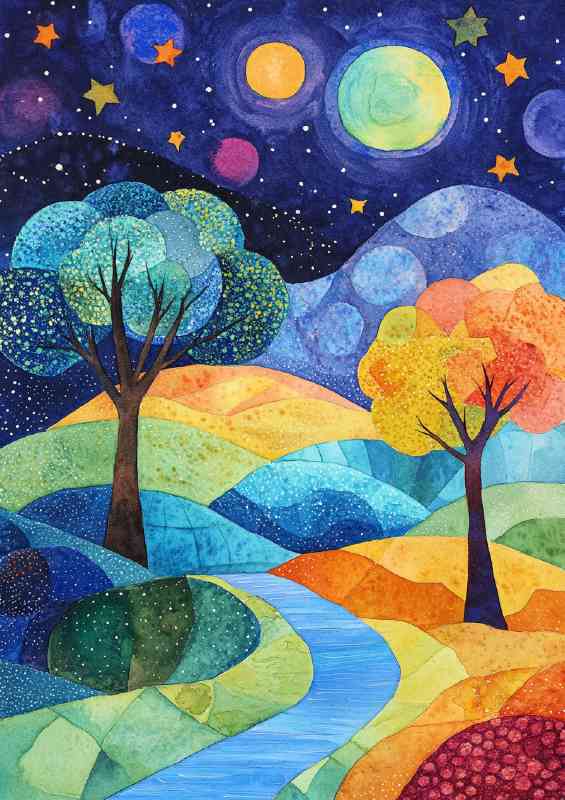 Landscape painting with trees and hills stars | Poster