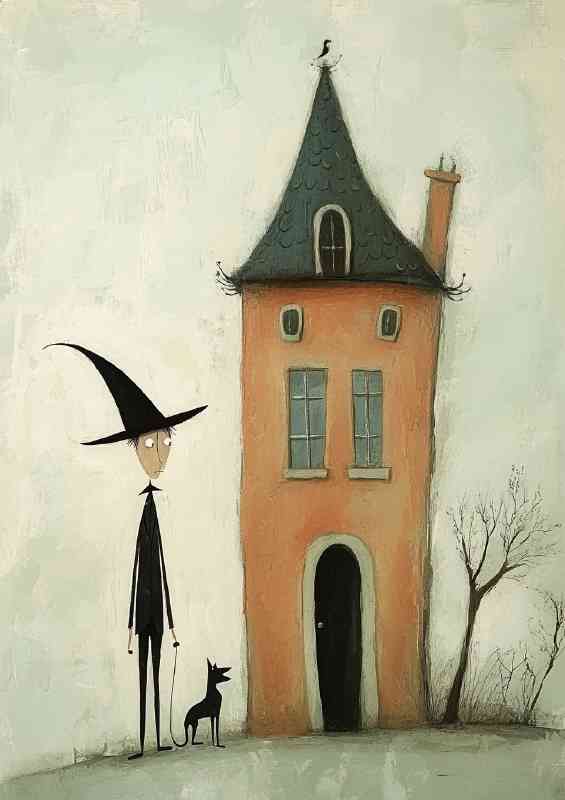 Man in a black pointy hat walking the dog | Poster