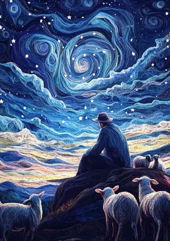 Shepherd with his flock of sheep under the starry night | Metal Poster