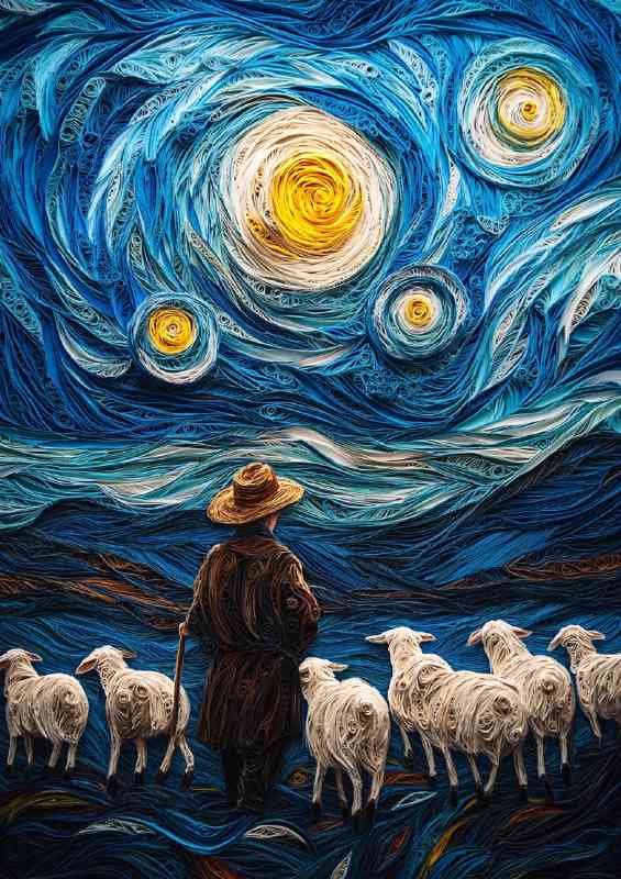 Shepherd with their flock of sheep walking through the hils | Poster