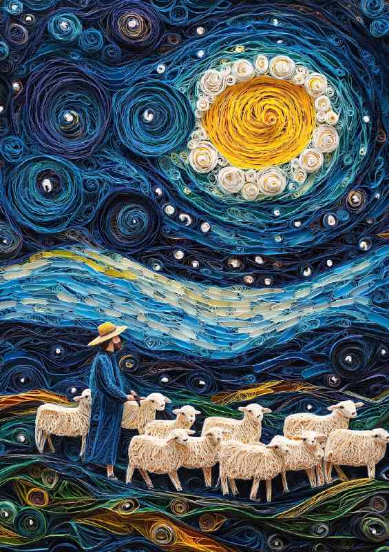 Shepherd with their flock of sheep walking through the valley | Metal Poster
