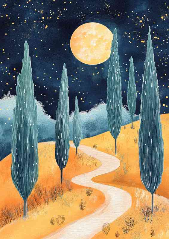 Starry night sky with the moon casting its glow on the landscape | Poster