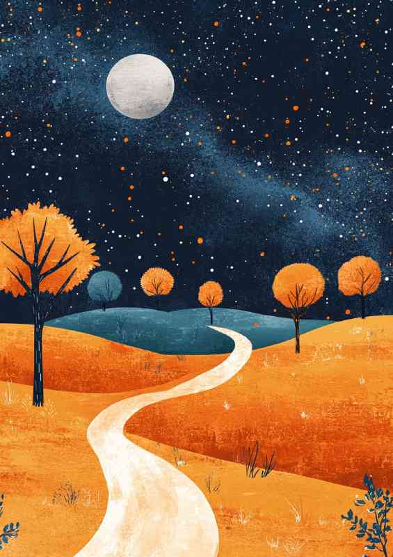 Starry night sky with the moon casting its glow on the pathway | Canvas