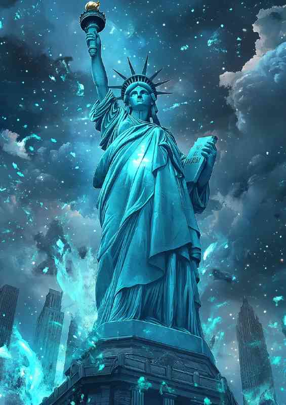 The Statue of Liberty in the style of dark sky blue | Metal Poster