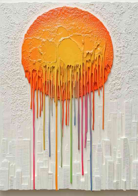 White and gray relief painting of an orange sun metling colours | Canvas