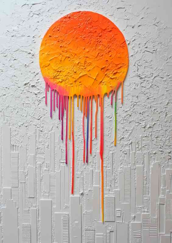 White and gray relief painting of an orange sun with dripping paint | Metal Poster