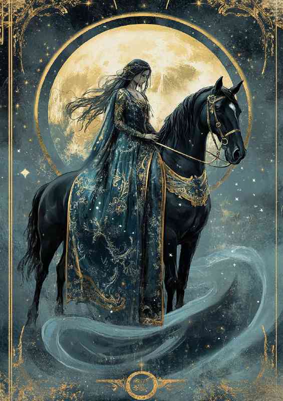 Woman on the back of an elegant black horse | Canvas