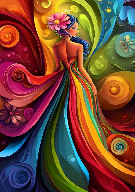 Woman with a flower in her hair wearing a colourful dress | Canvas