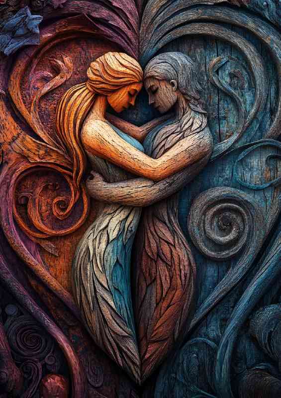 Wood carving style of two lovers entwined | Di-Bond
