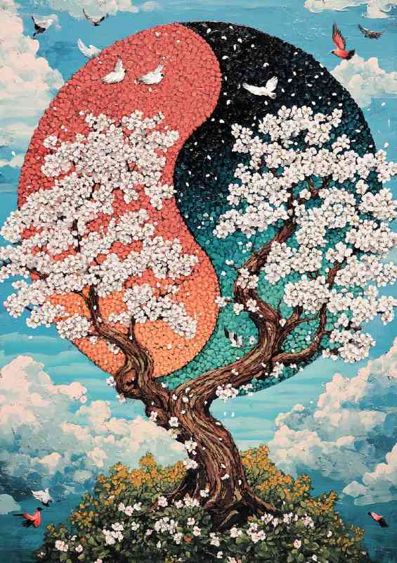 Yin yang symbol made of cherry blossoms and white flowers | Poster
