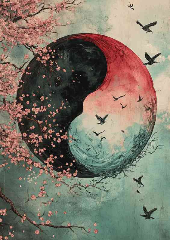 Yin yang symbol with birds and blossom | Metal Poster