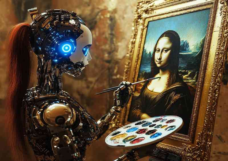 Photo of an AI robot with blue eyes painting the Mona lisa | Metal Poster
