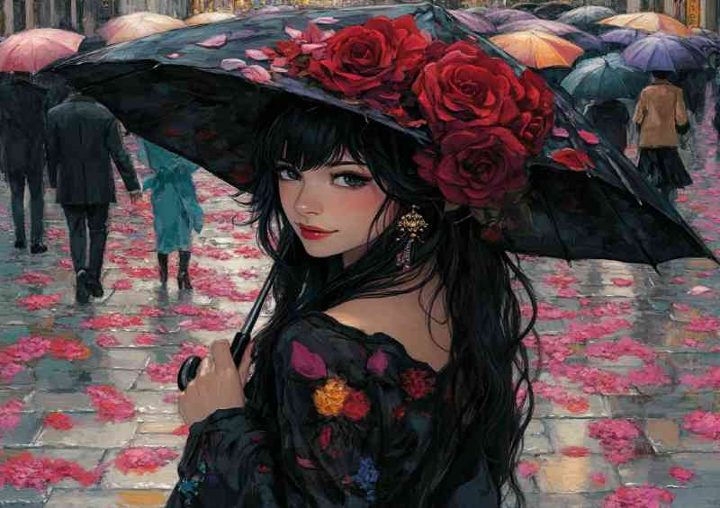 Woman with long black hair and flowers in umberella | Di-Bond