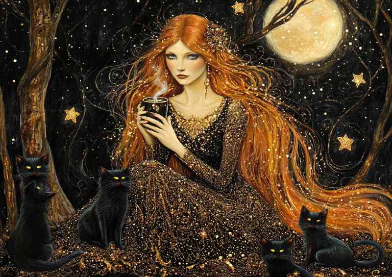 Woman with long red hair and big eyes with cats | Canvas