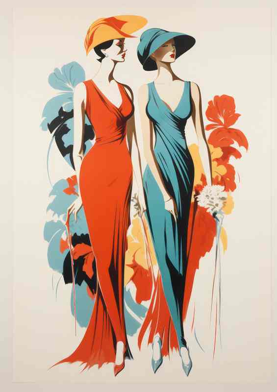 Ladies dressed in red and blue dresses vintage style | Poster