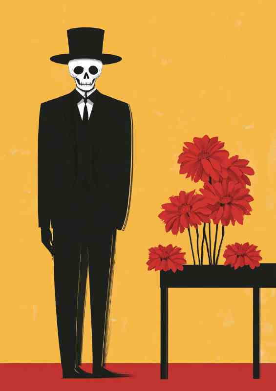 Man in a black suit and top hat with a skull like | Poster