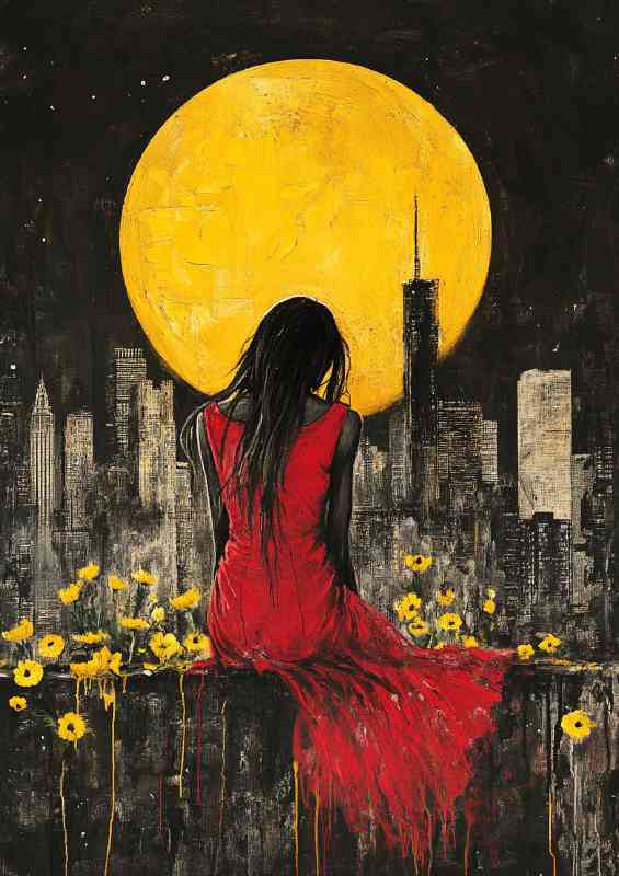 Red dress sitting on a wall a painting style | Metal Poster