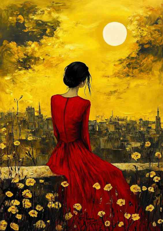 Woman in a red dress sitting on a wall with flowers | Canvas