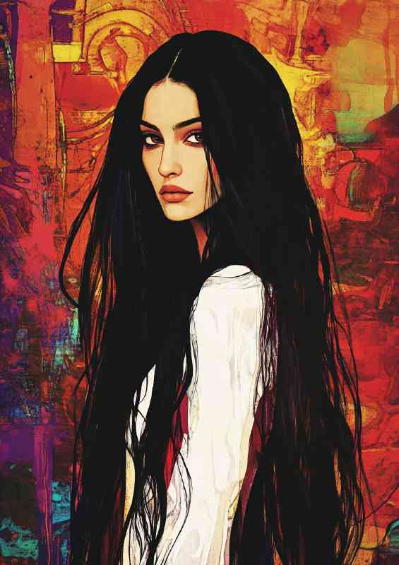 Woman with long black hair painted art | Metal Poster