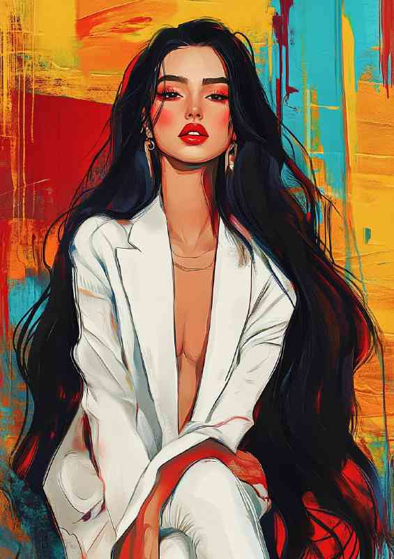 Woman with long black hair she is wearing white | Di-Bond