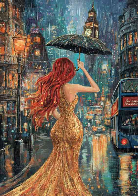 Woman with long red hair in an elegant gold dress its raining | Di-Bond