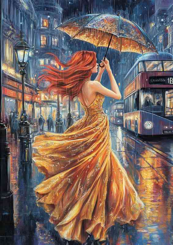 Woman with long red hair in gold in the city | Poster