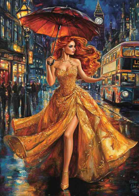Woman with long red hair in the rain | Canvas