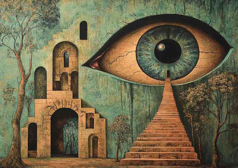A surreal painting of an eye in the shape of ancient stairway | Poster