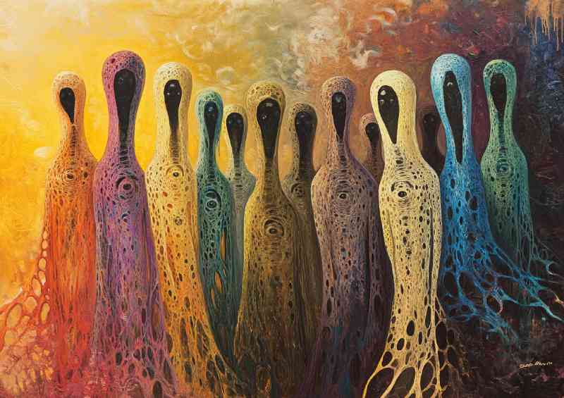 A surreal painting of several elongated stylized figu b36119e8-d703-43e6-8527-ff74d3223f9c | Poster