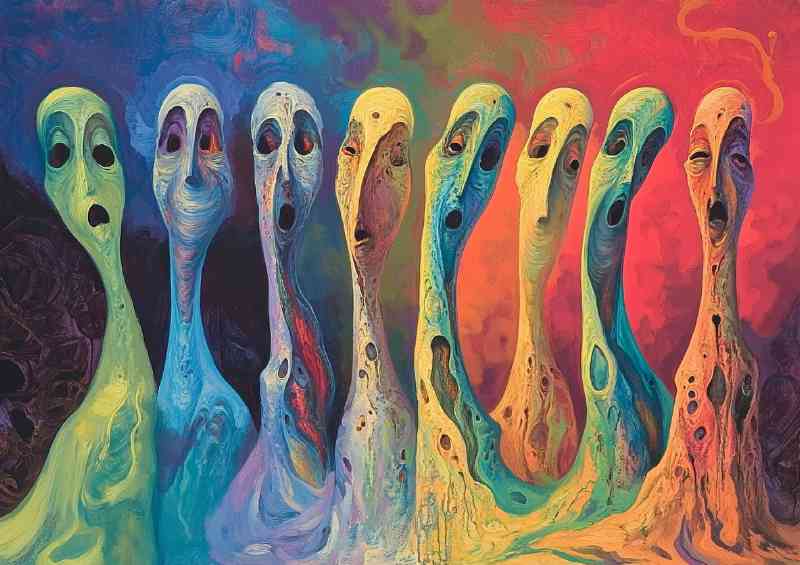 A surreal painting of several elongated stylized figures | Metal Poster
