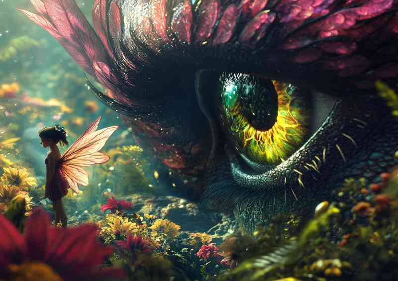 Large eye is watching over the girl a small fairy | Metal Poster