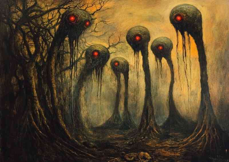 Multiple red eyed skinned aliens with long tentacles dark matter | Di-Bond