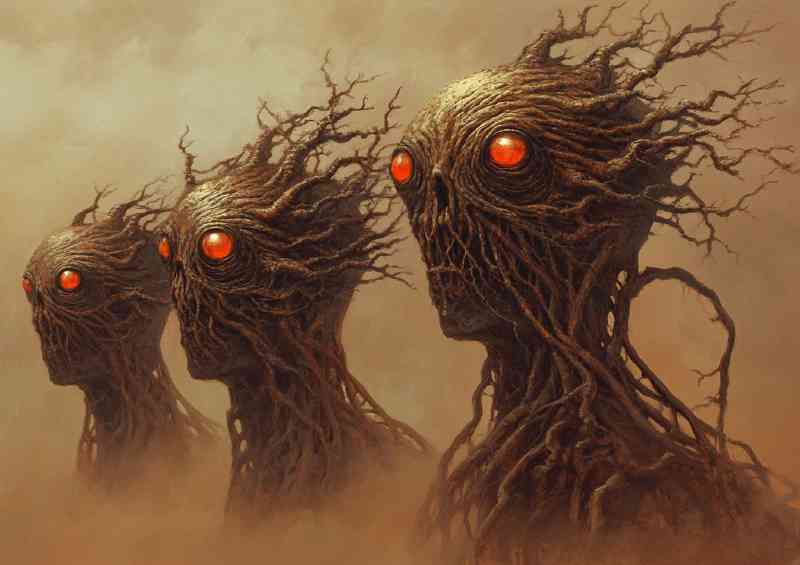 Multiple red eyed skinned aliens with long tentacles in the wind | Canvas