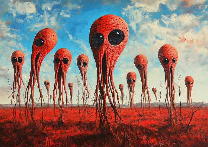 Oil painting of multiple surreal red alien heads | Poster