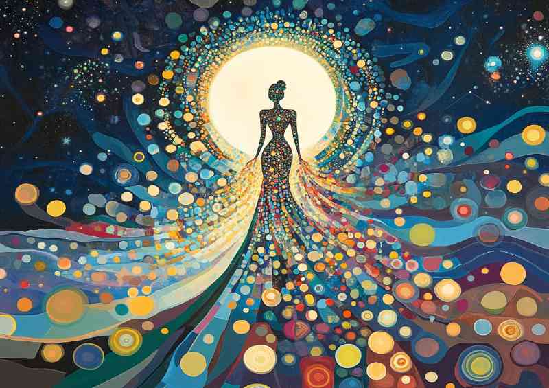 Standing woman made of many colorful circles | Metal Poster